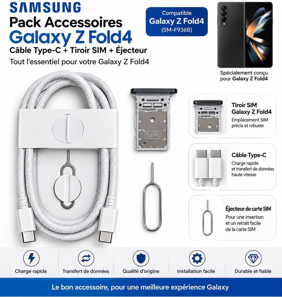 Pack accessoires Samsung Galaxy Z Fold4, Tiroir SIM + câble Type-C + éjecteur SIM